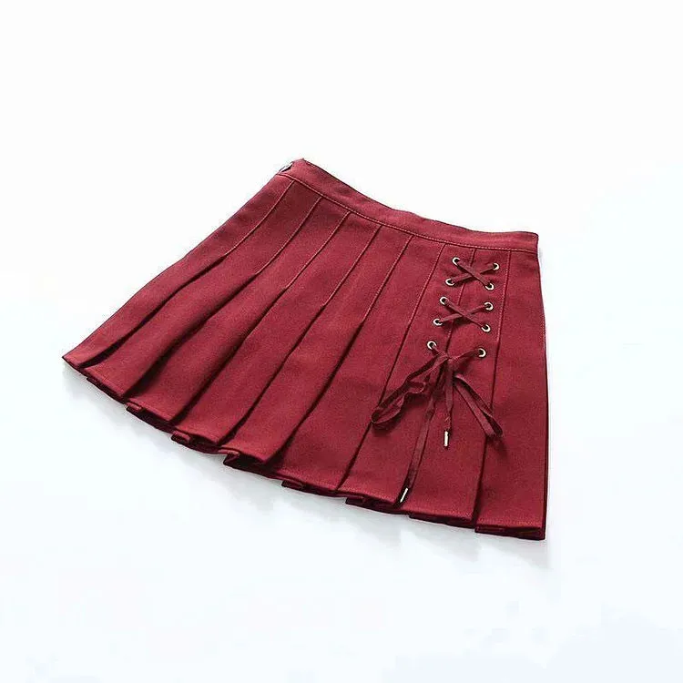 Chic Lace Up High Waist Pleated Short Skirt