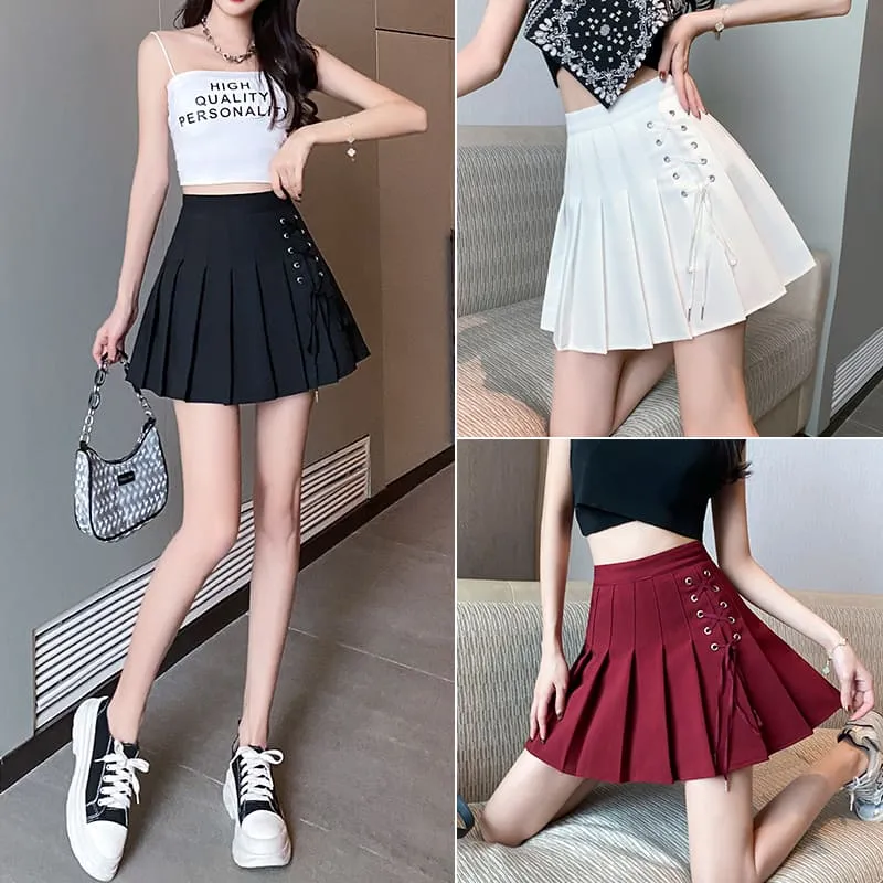 Chic Lace Up High Waist Pleated Short Skirt