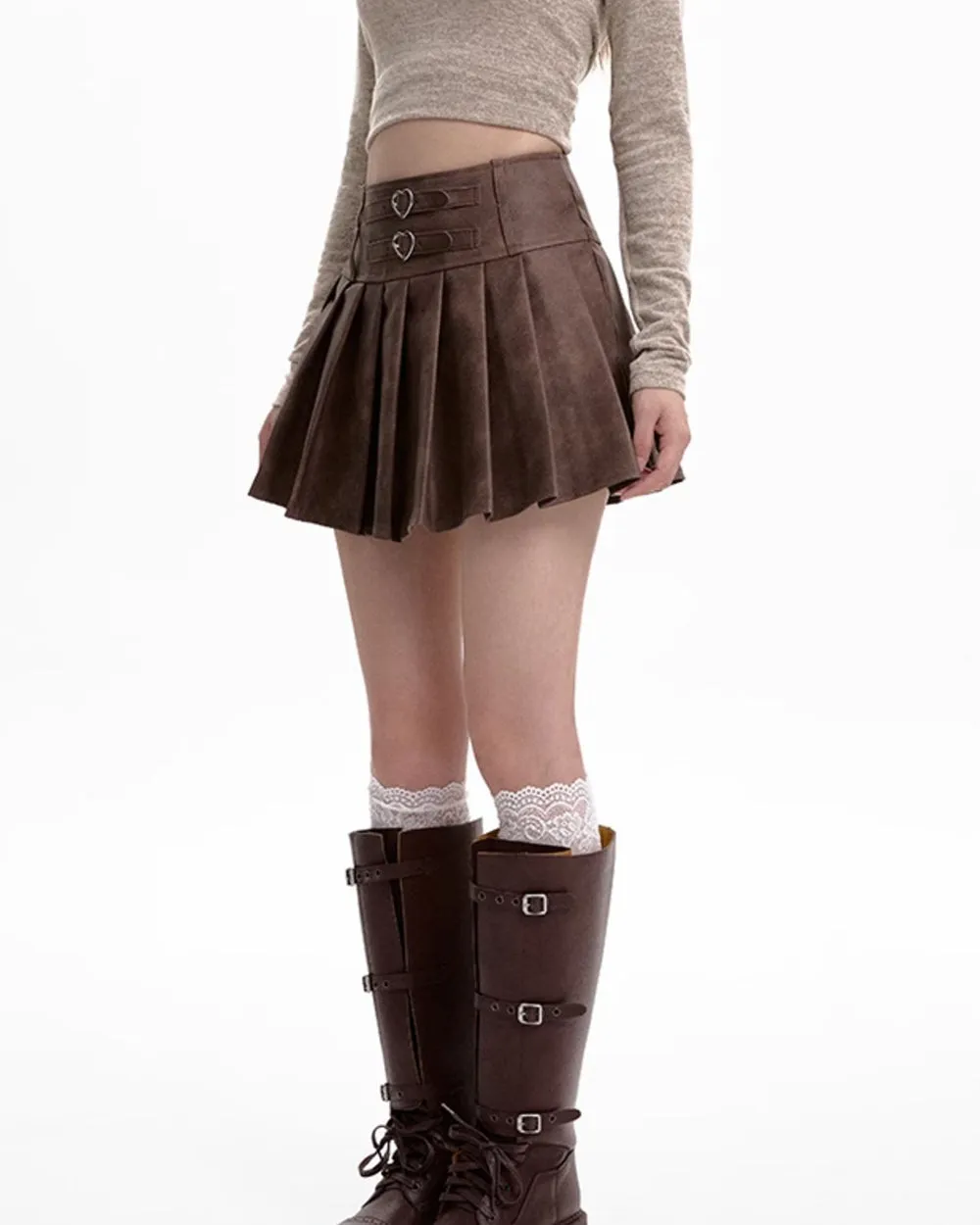 Coffee Cream Heart Buckle Mini Skirt