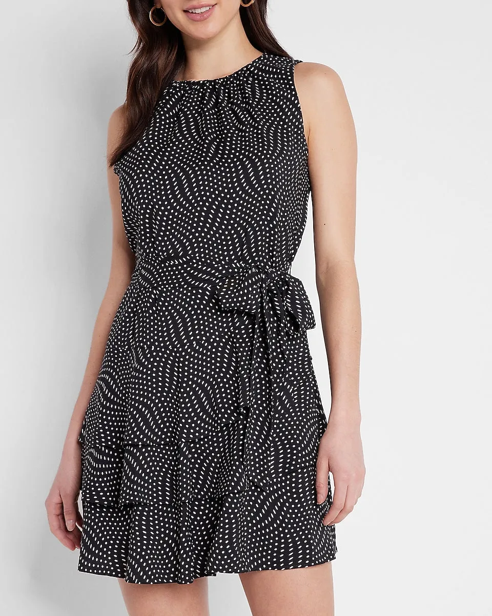 Conscious Edit Sleeveless Tie Waist Tiered Ruffle Dress in Black Print