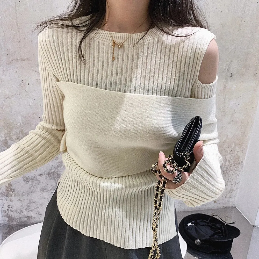 Cut Out Patchwork Irregular Sweater For Women Round Neck Long Sleeve Knitting Minimalist Sweaters Female Clothing