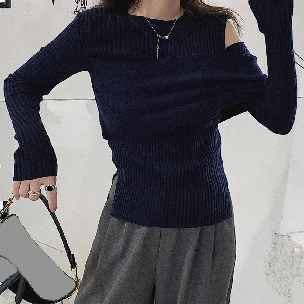 Cut Out Patchwork Irregular Sweater For Women Round Neck Long Sleeve Knitting Minimalist Sweaters Female Clothing