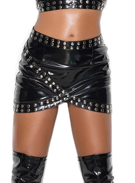 Deluxe Studded Black Vinyl Womens Mini Skirt