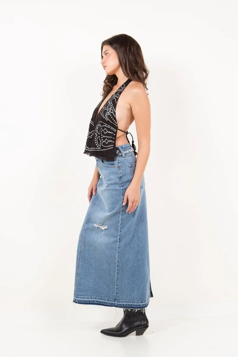 Denim Maxi Skirt Frayed Waistband w/ Slit Detail