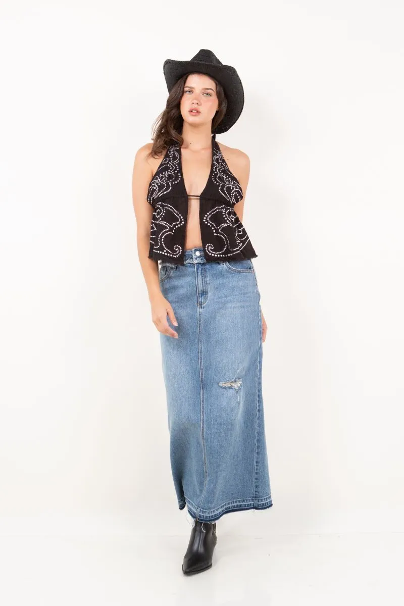 Denim Maxi Skirt Frayed Waistband w/ Slit Detail