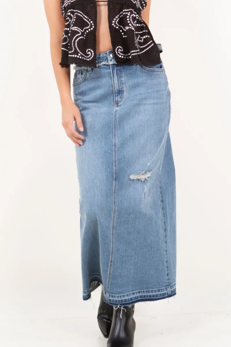 Denim Maxi Skirt Frayed Waistband w/ Slit Detail