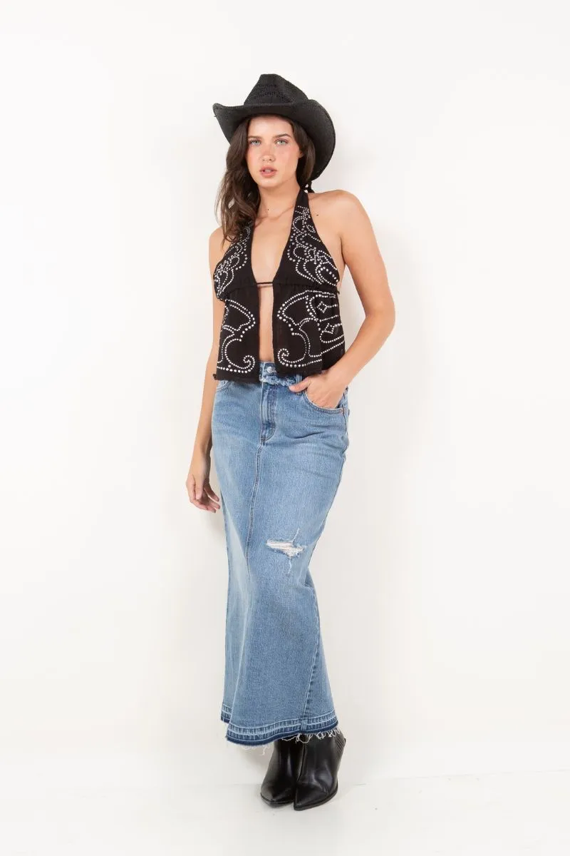 Denim Maxi Skirt Frayed Waistband w/ Slit Detail