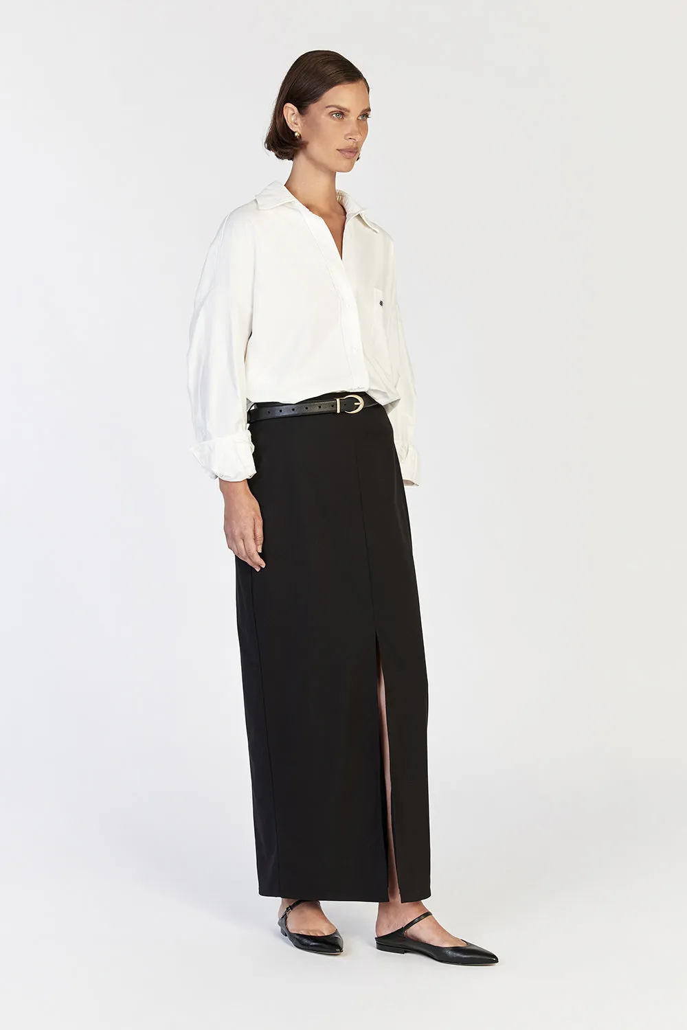 DREW BLACK FRONT MIDI SKIRT