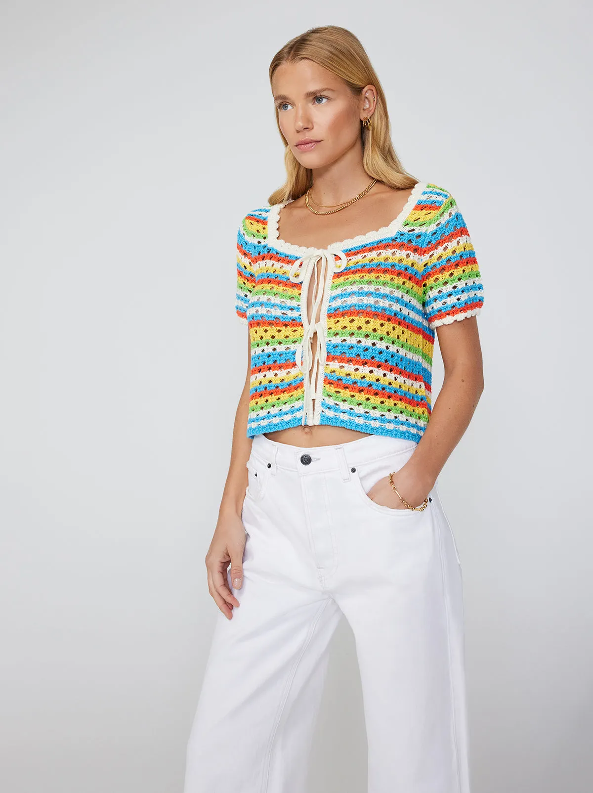 Drew Blue Stripe Crochet Knit Short Sleeve Cardigan