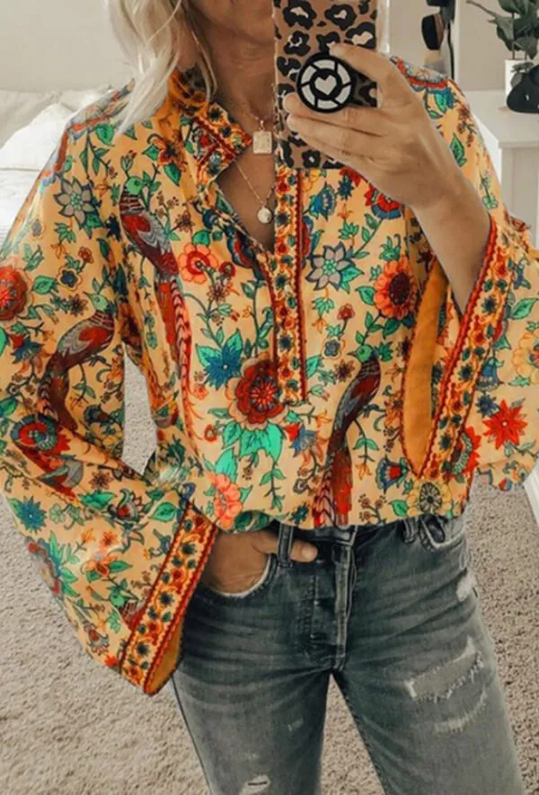 Dunnmall Fashion Casual Floral Print Blouse