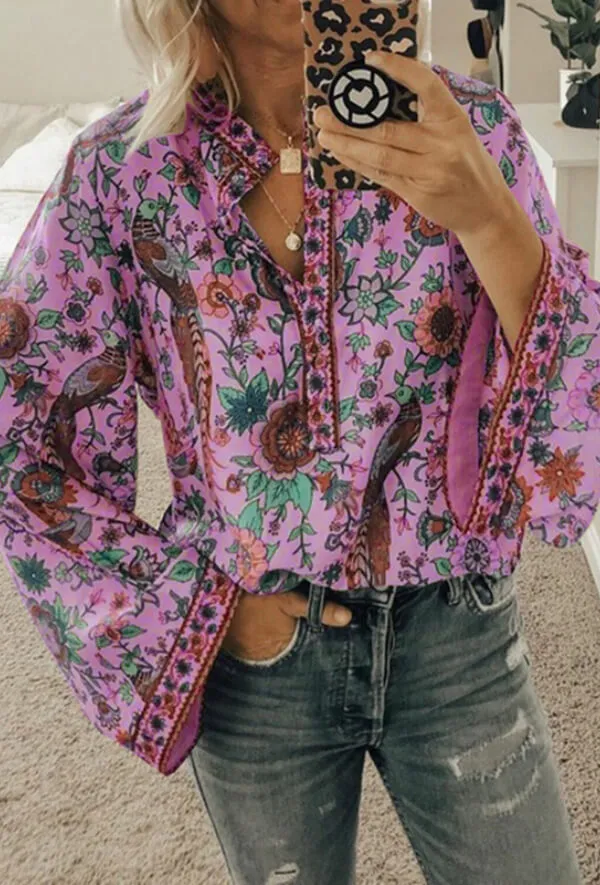 Dunnmall Fashion Casual Floral Print Blouse