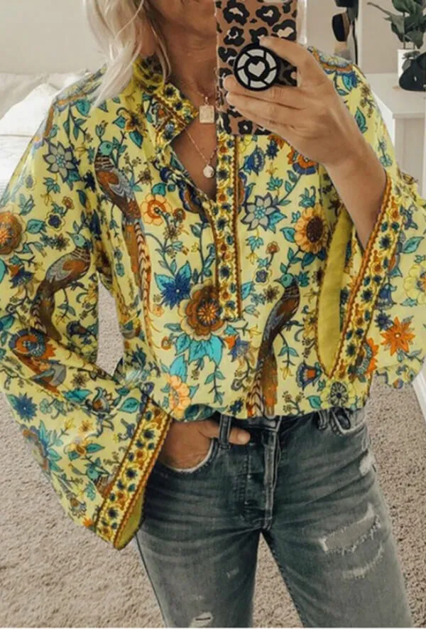 Dunnmall Fashion Casual Floral Print Blouse