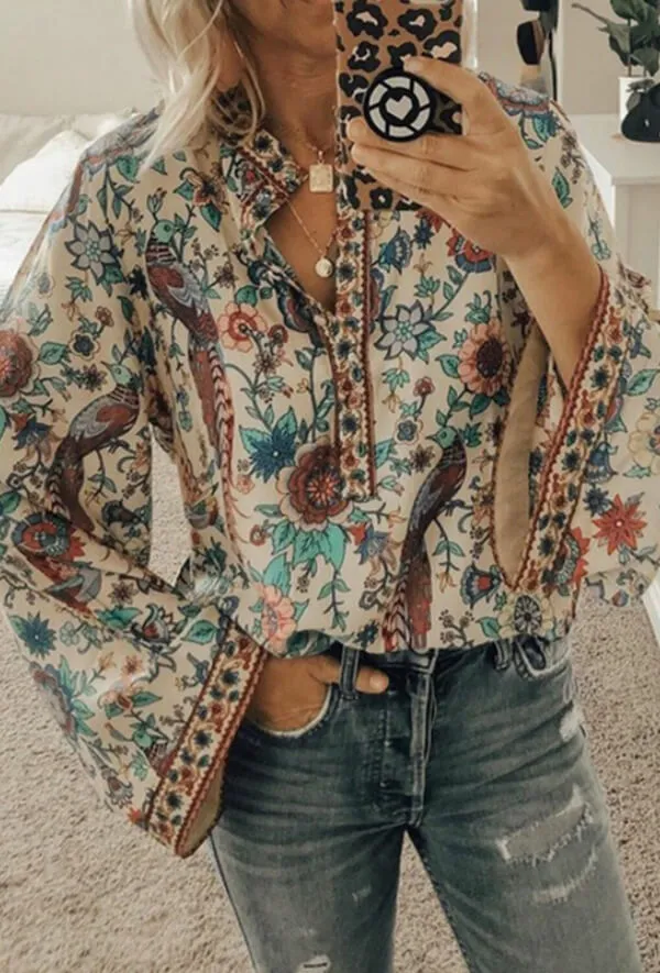 Dunnmall Fashion Casual Floral Print Blouse