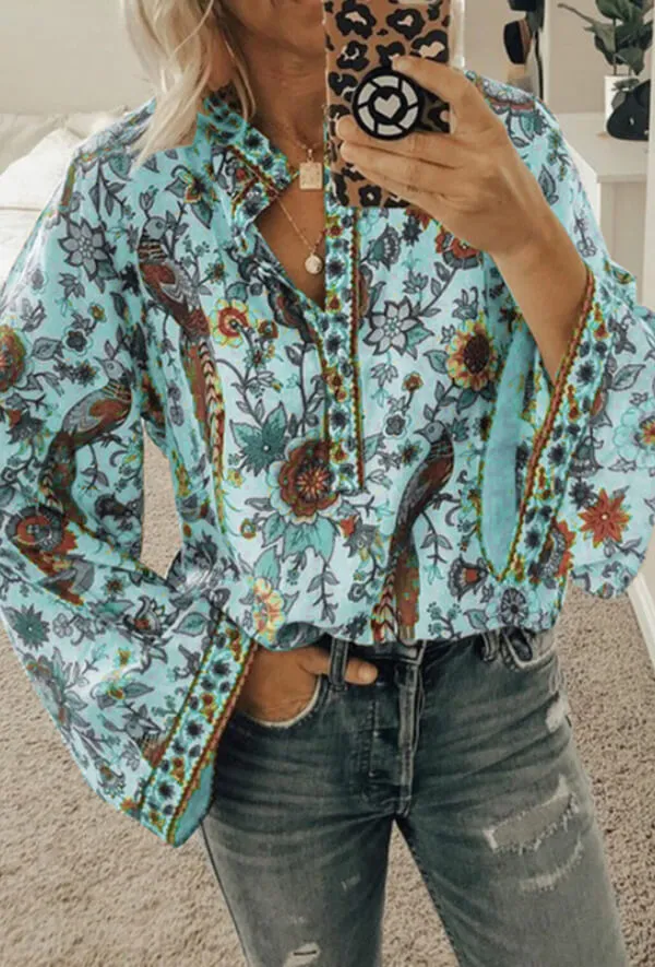 Dunnmall Fashion Casual Floral Print Blouse