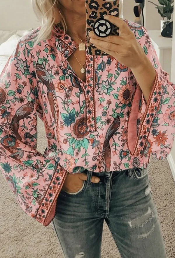 Dunnmall Fashion Casual Floral Print Blouse