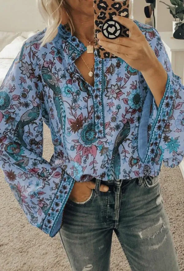 Dunnmall Fashion Casual Floral Print Blouse