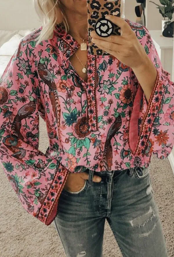 Dunnmall Fashion Casual Floral Print Blouse