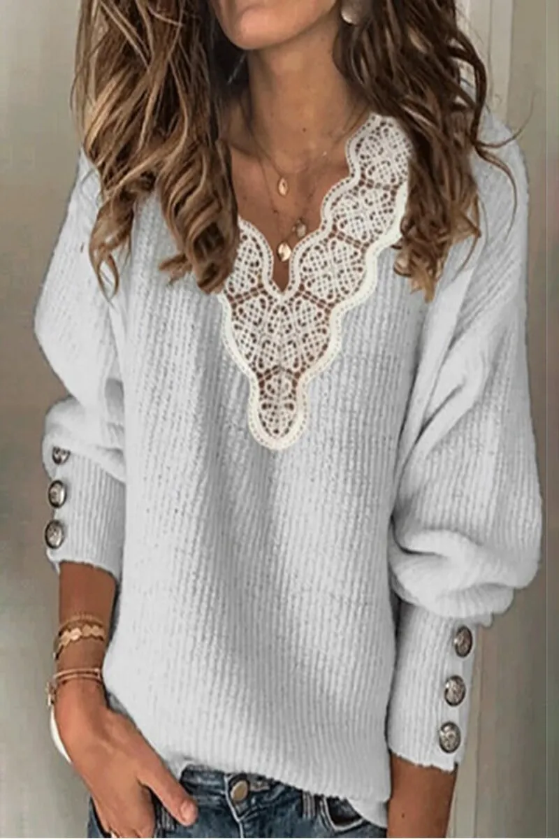 Dunnmall Lace Splicing Button Decorated Casual Sweater