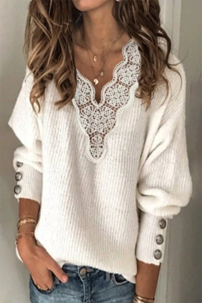 Dunnmall Lace Splicing Button Decorated Casual Sweater