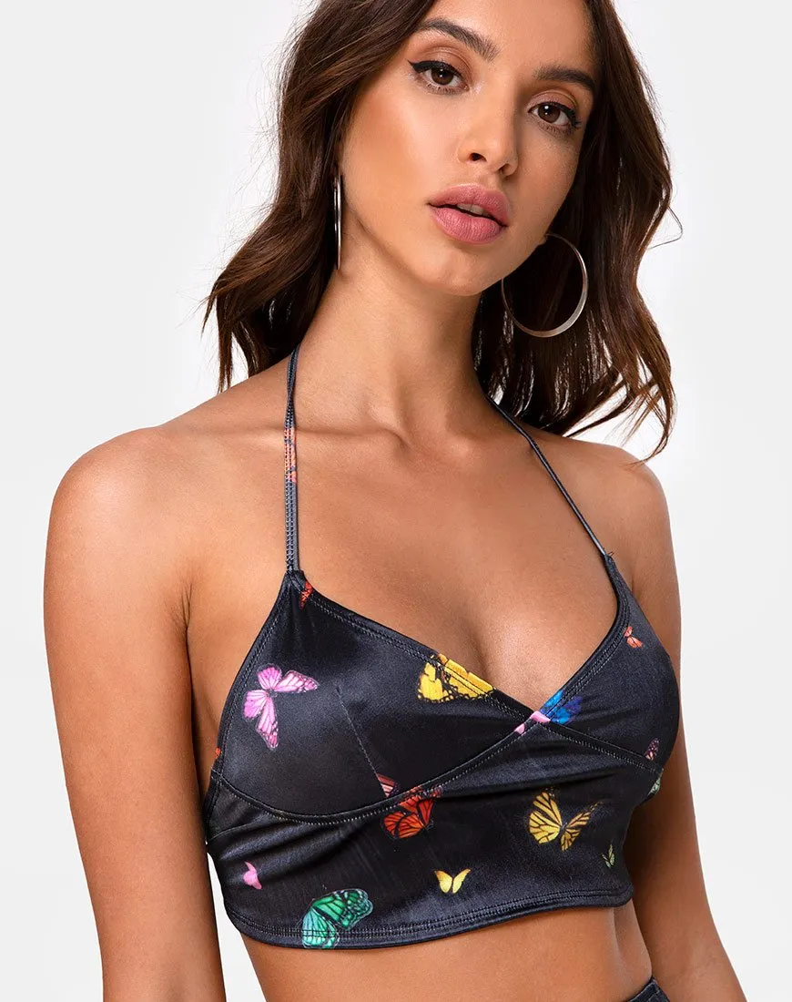 Dyla Top in Black Satin Butterfly