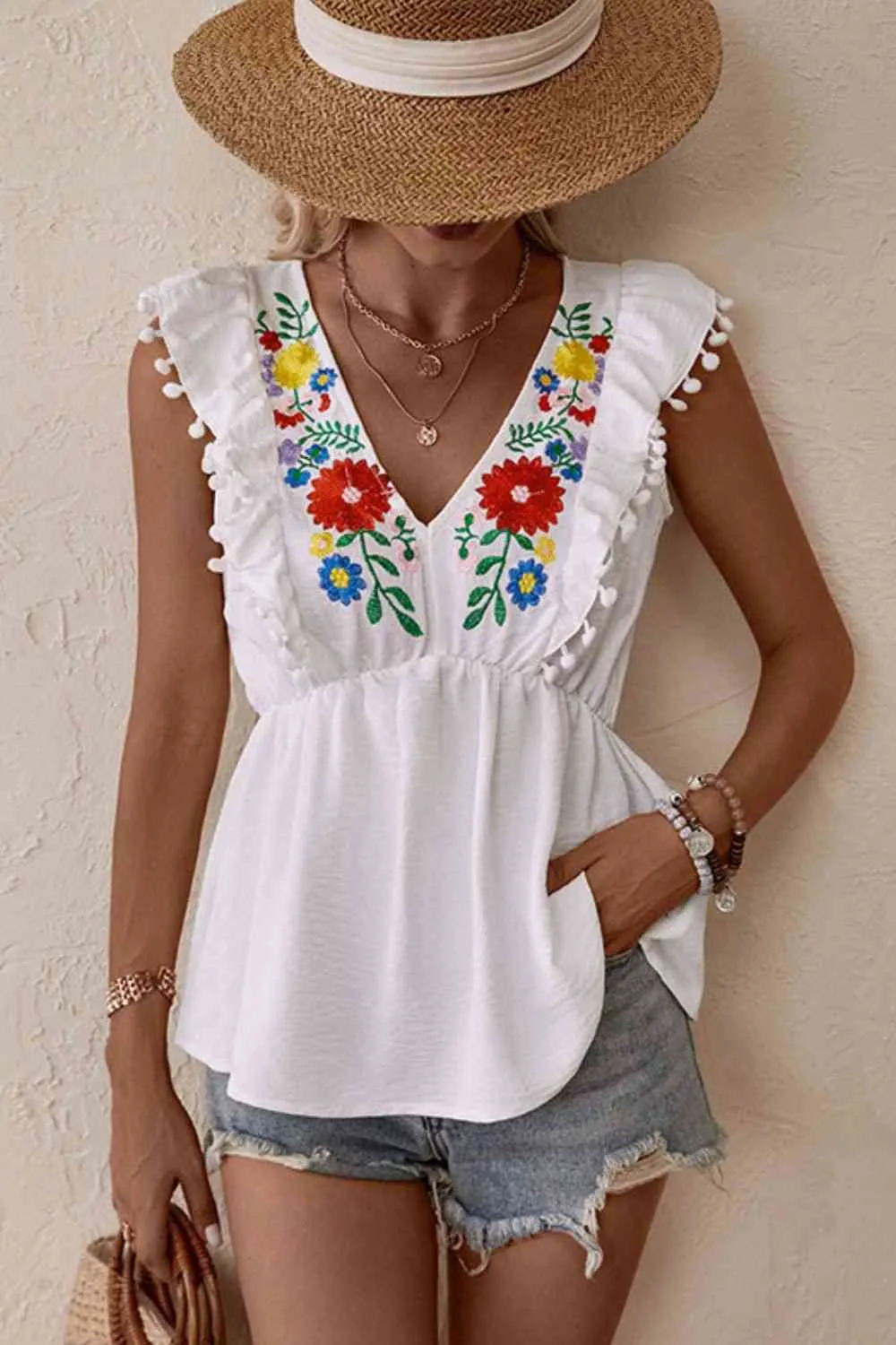 Embroidered Pom-Pom Trim Cap Sleeve Babydoll Top