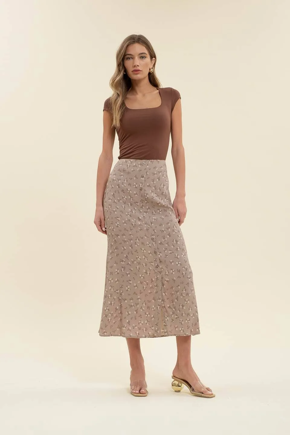 FLORAL BUTTON FRONT SPLIT HEM MIDI SKIRT