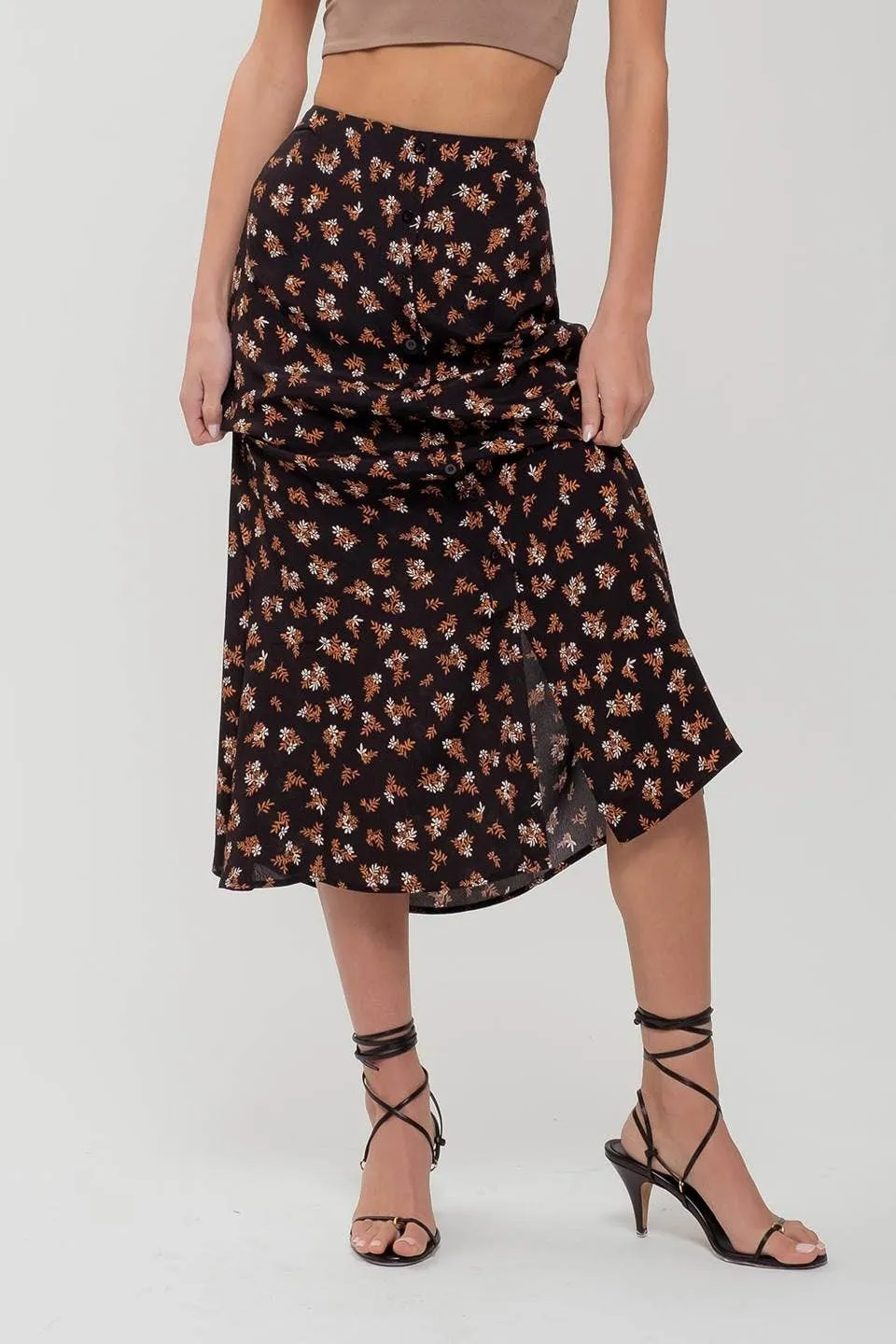 FLORAL BUTTON FRONT SPLIT HEM MIDI SKIRT