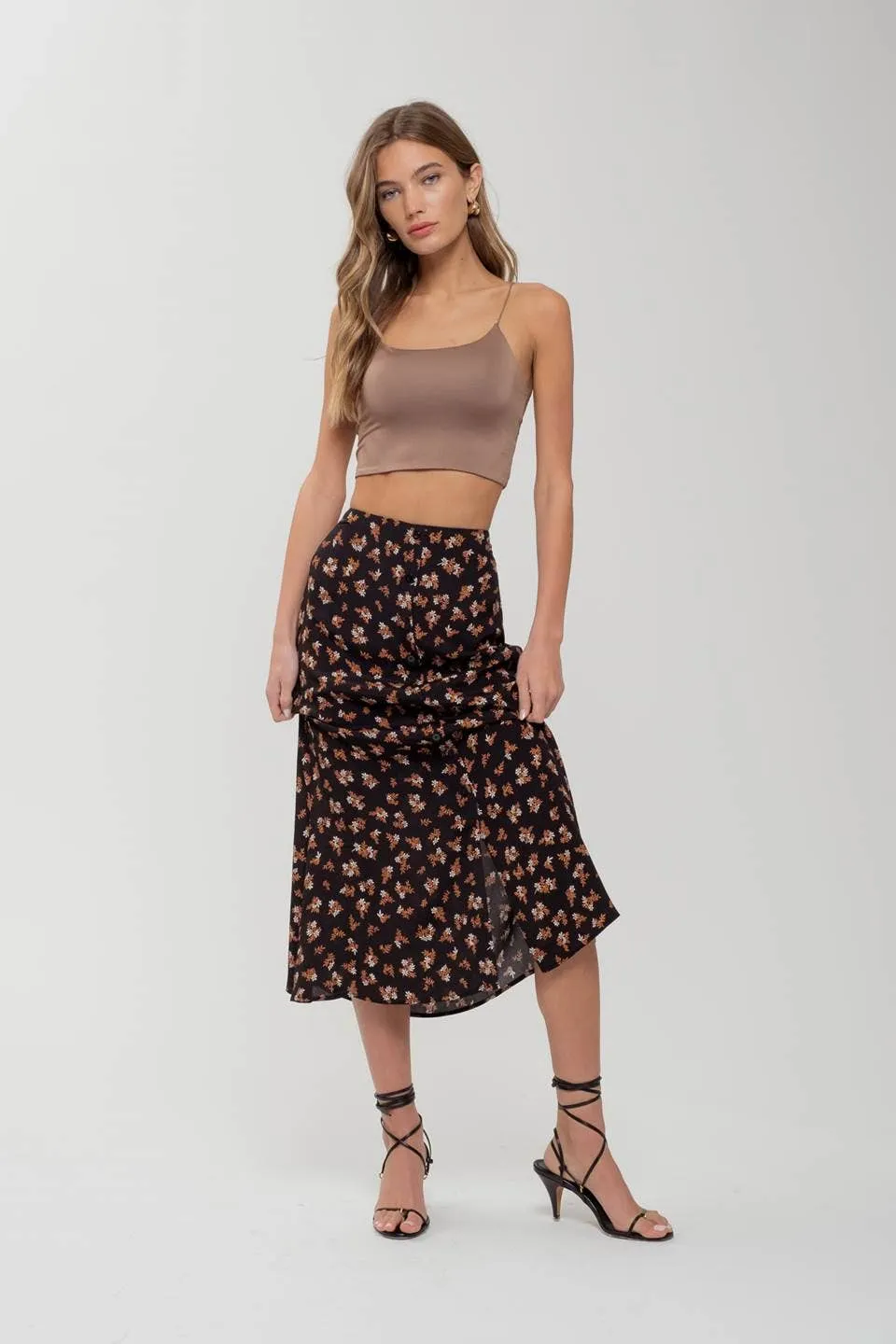 FLORAL BUTTON FRONT SPLIT HEM MIDI SKIRT