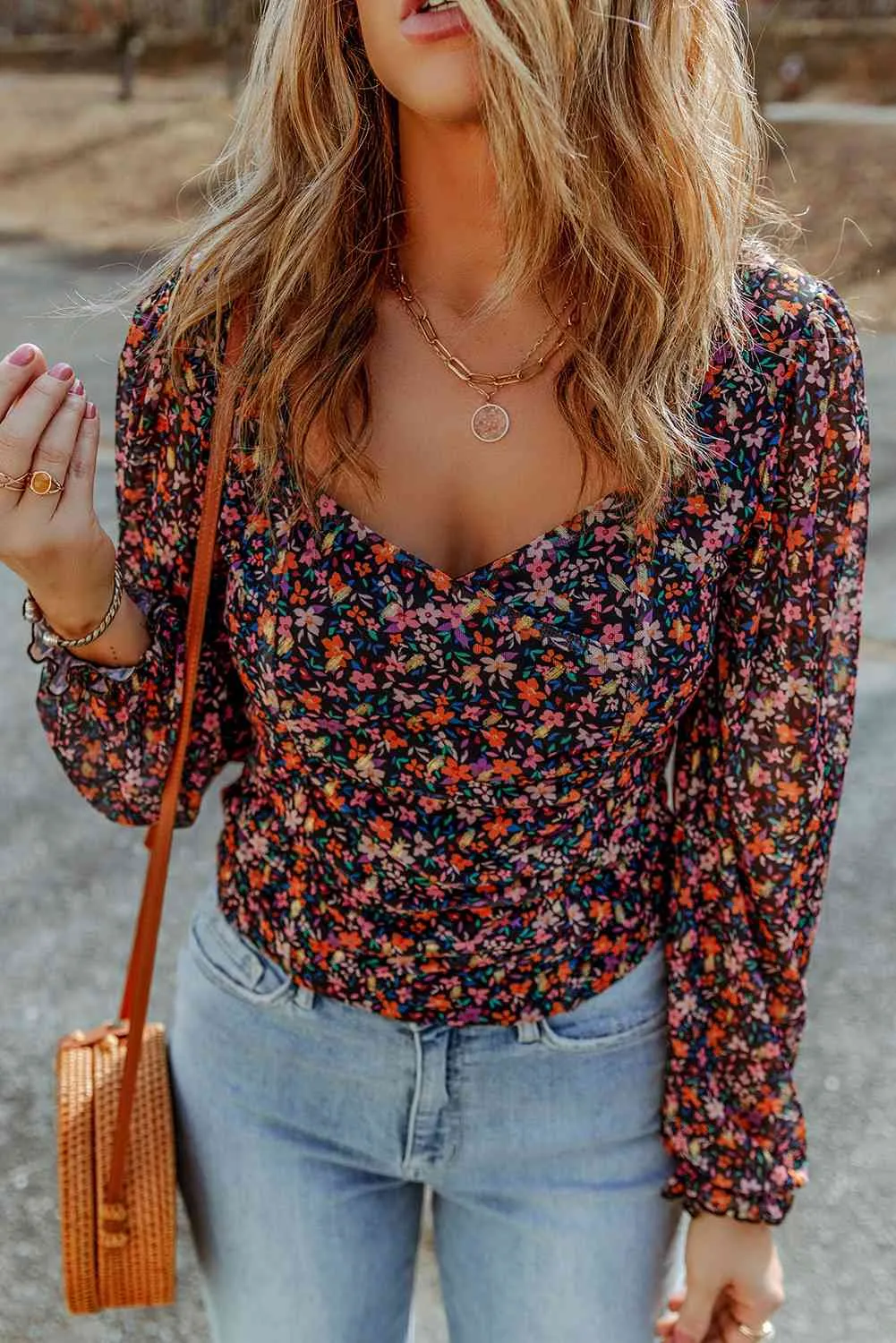 Floral Long Flounce Sleeve Blouse