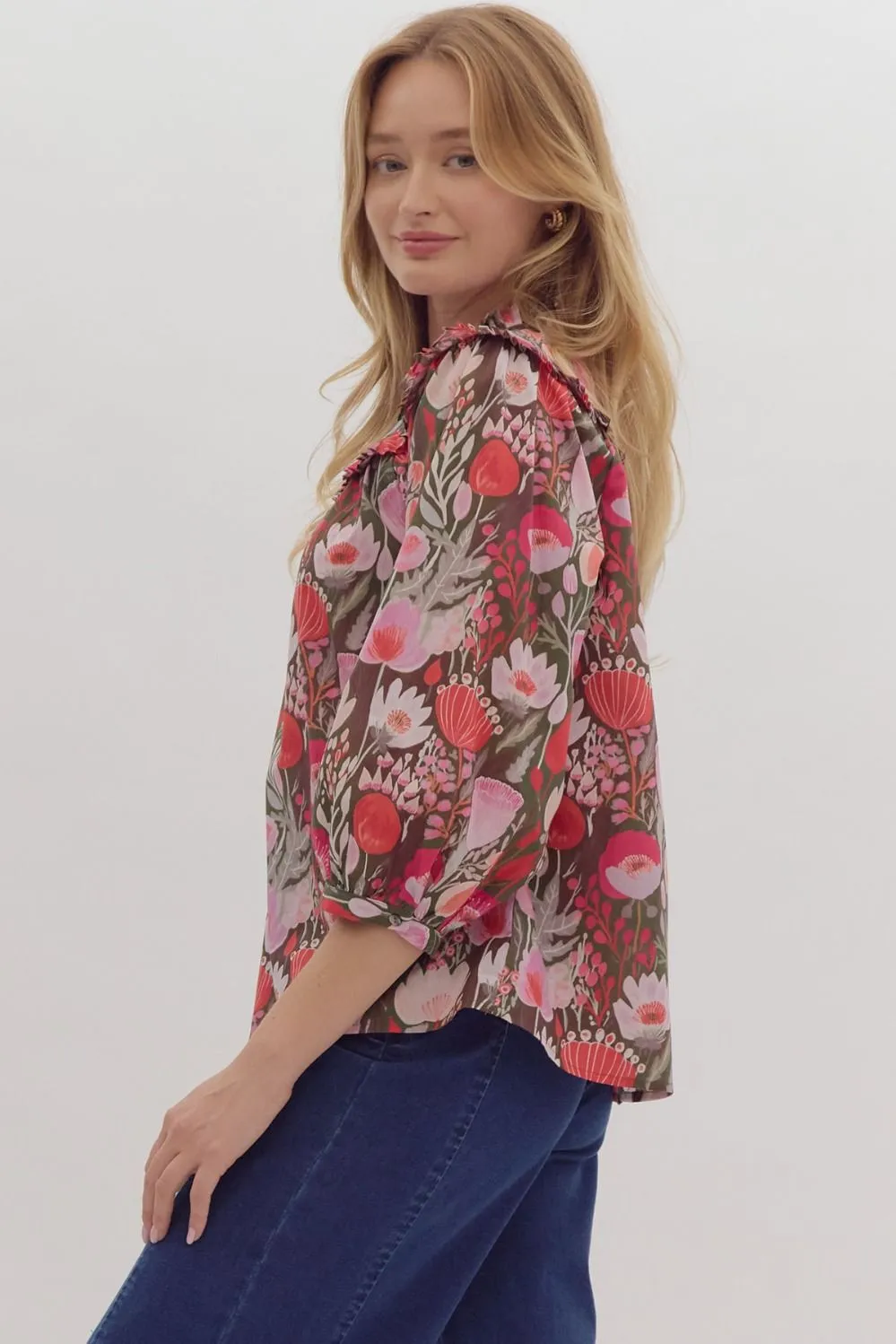 Floral Print Poplin ¾ Puff Sleeve Top