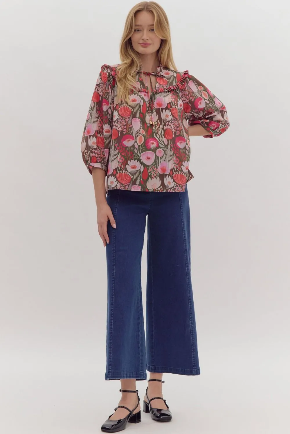 Floral Print Poplin ¾ Puff Sleeve Top