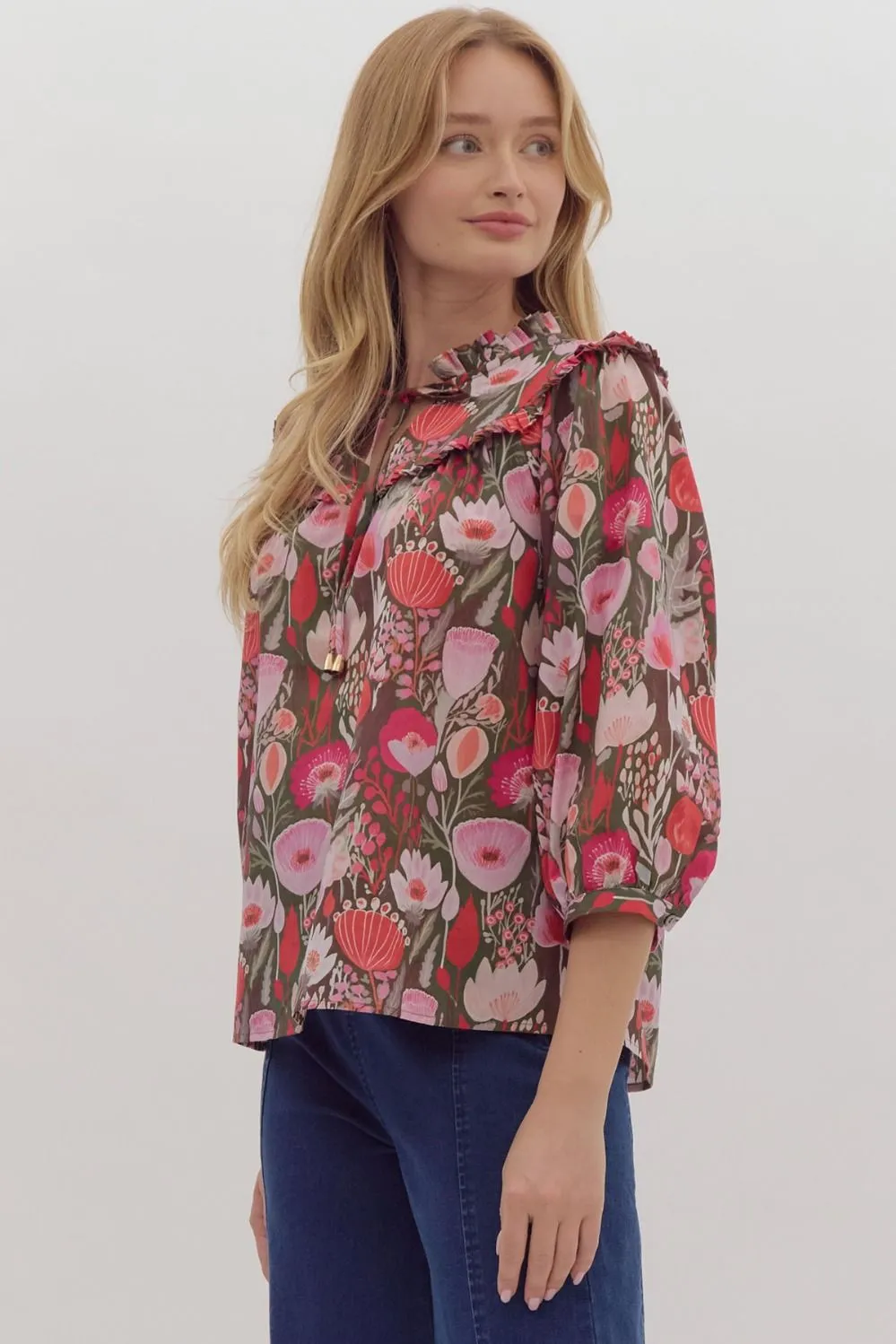 Floral Print Poplin ¾ Puff Sleeve Top