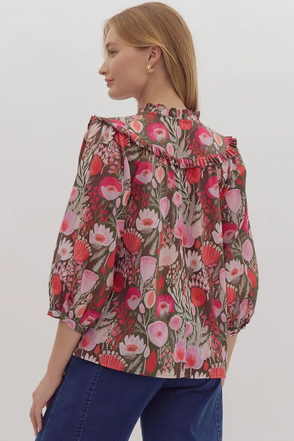 Floral Print Poplin ¾ Puff Sleeve Top