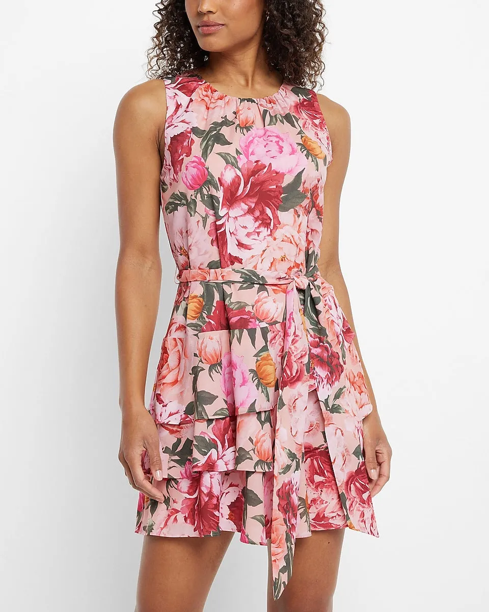 Floral Sleeveless Tie Waist Tiered Ruffle Dress in Pink Print