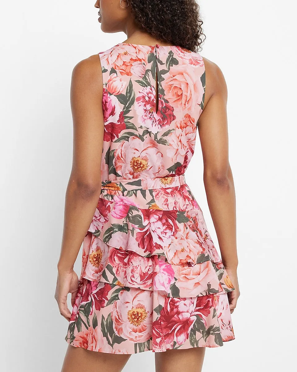 Floral Sleeveless Tie Waist Tiered Ruffle Dress in Pink Print