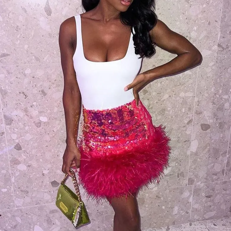 Fuzzy Feather Hem Bodycon Sequin Mini Skirt