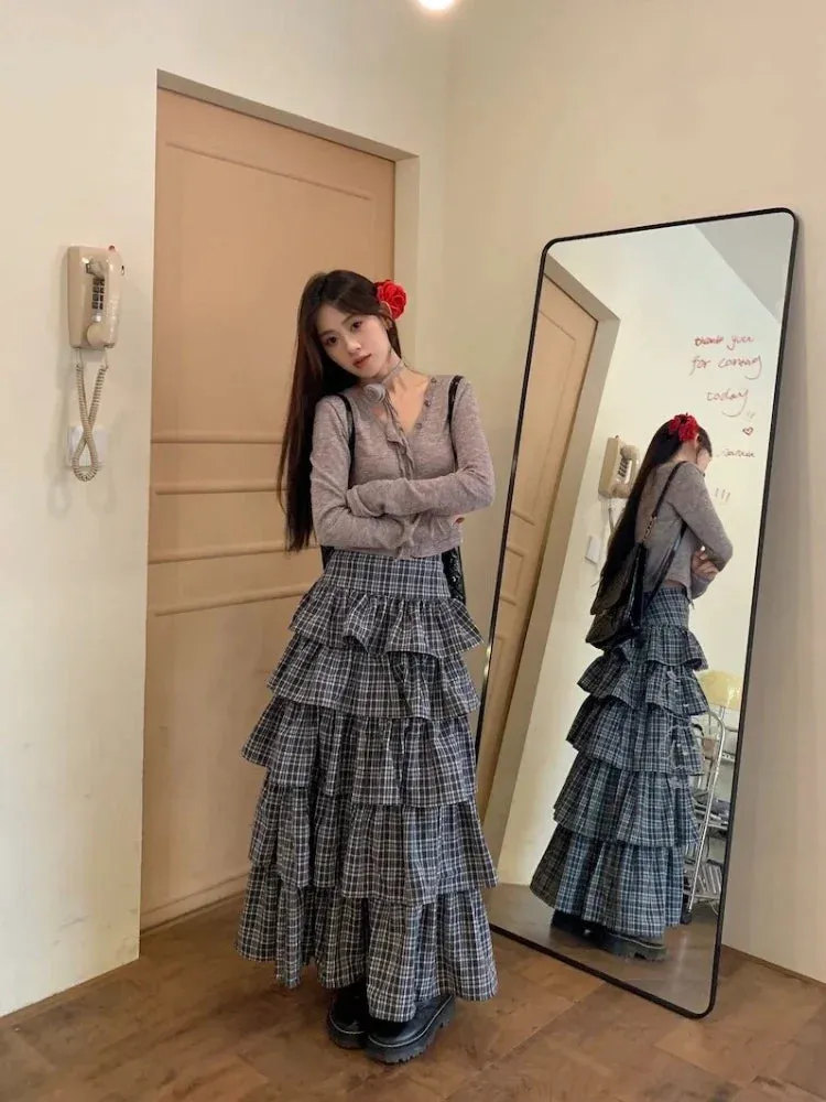 Girlary Harajuku Tiered Plaid Skirt Pleated High Waist Long Maxi Cake Skirt Mujer Summer Fashion Tshirt Sexy Two Piece Set Women