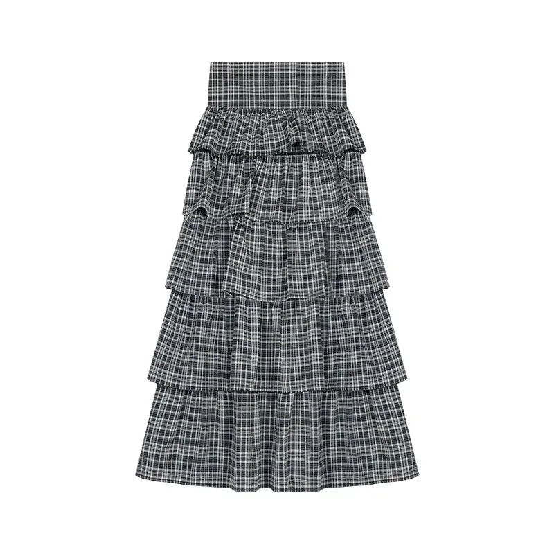 Girlary Harajuku Tiered Plaid Skirt Pleated High Waist Long Maxi Cake Skirt Mujer Summer Fashion Tshirt Sexy Two Piece Set Women