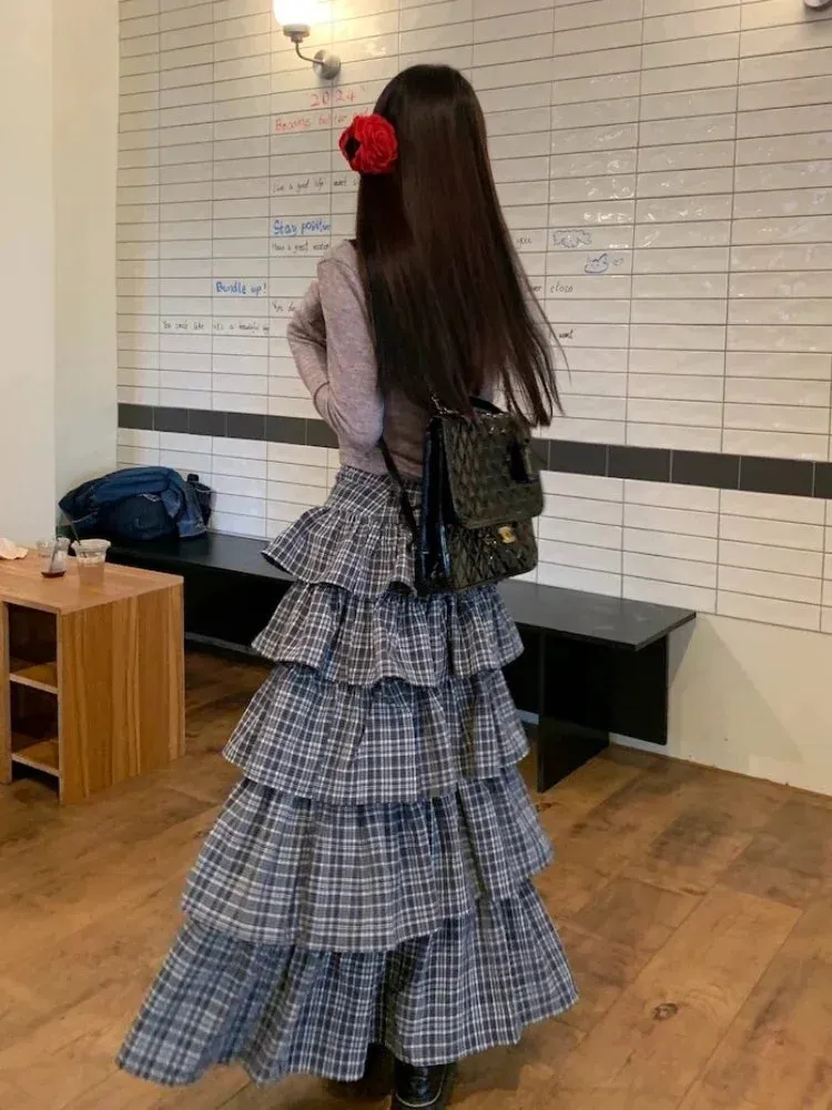 Girlary Harajuku Tiered Plaid Skirt Pleated High Waist Long Maxi Cake Skirt Mujer Summer Fashion Tshirt Sexy Two Piece Set Women