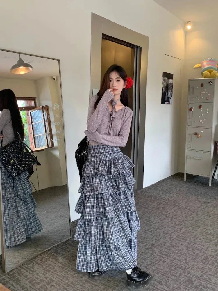 Girlary Harajuku Tiered Plaid Skirt Pleated High Waist Long Maxi Cake Skirt Mujer Summer Fashion Tshirt Sexy Two Piece Set Women