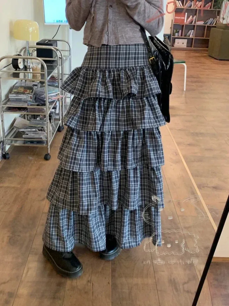 Girlary Harajuku Tiered Plaid Skirt Pleated High Waist Long Maxi Cake Skirt Mujer Summer Fashion Tshirt Sexy Two Piece Set Women