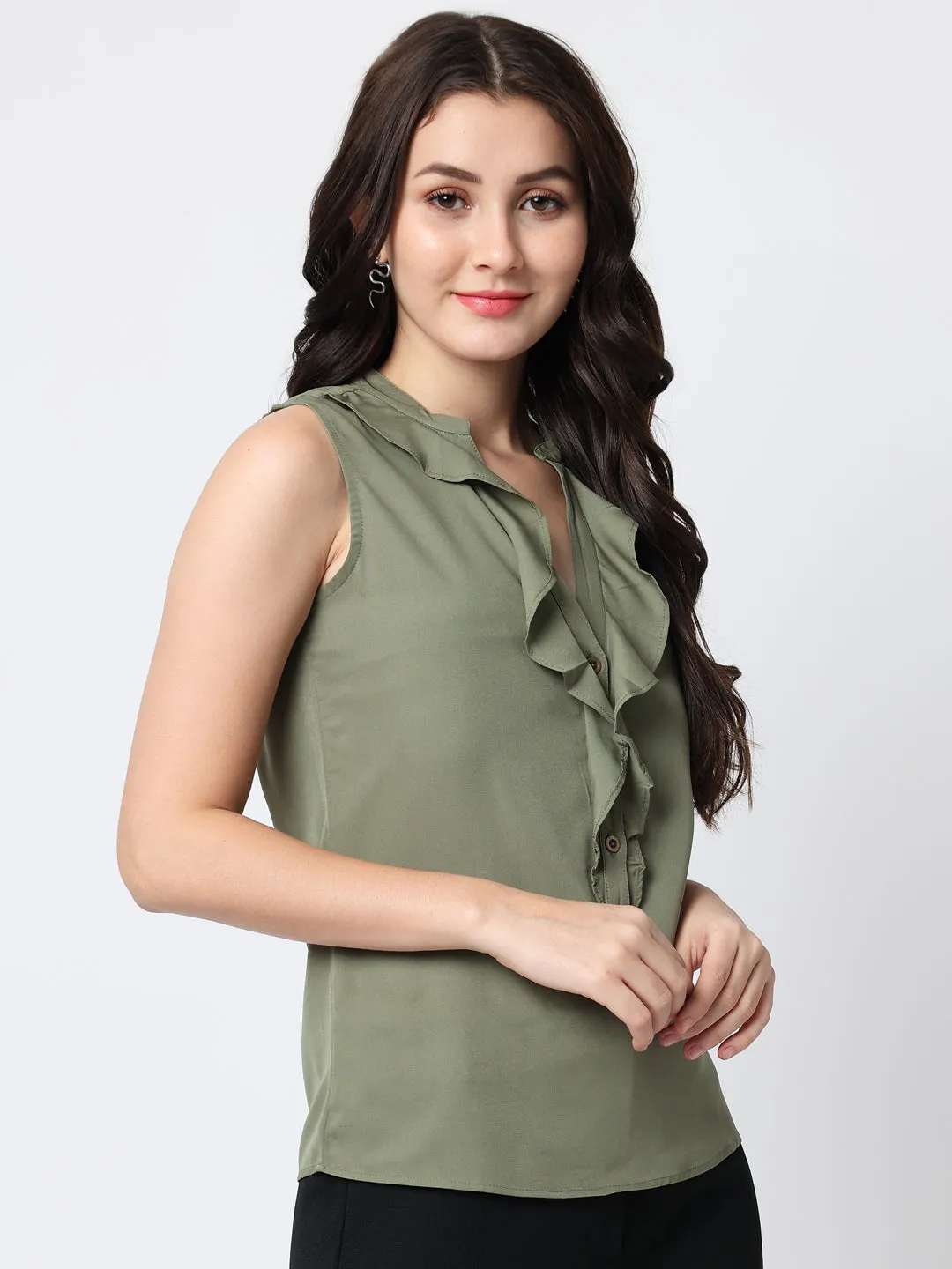 Green Ruffles Crepe Top