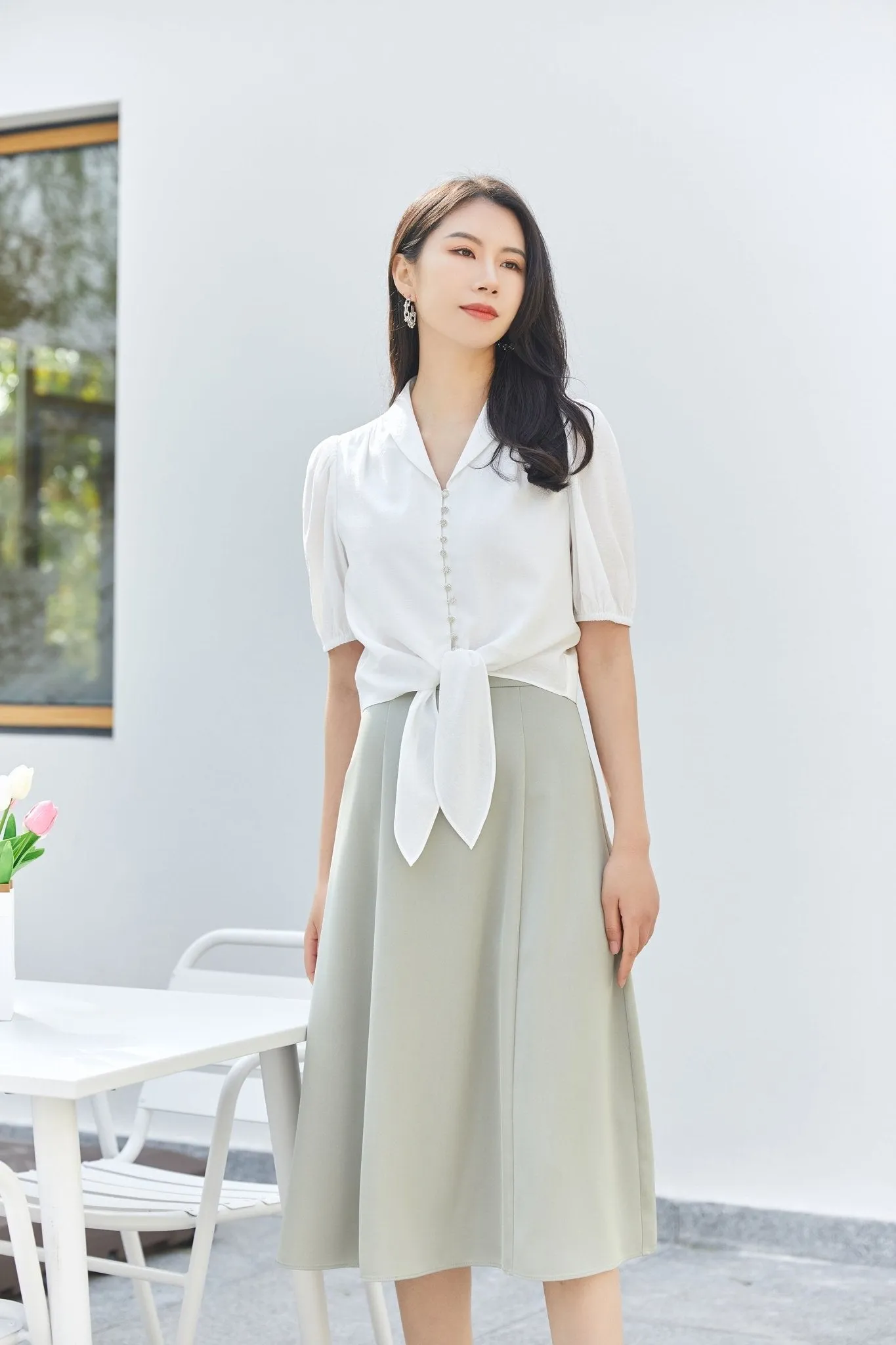 Grey Green High Waist Smooth Midi Skirt Women Girls