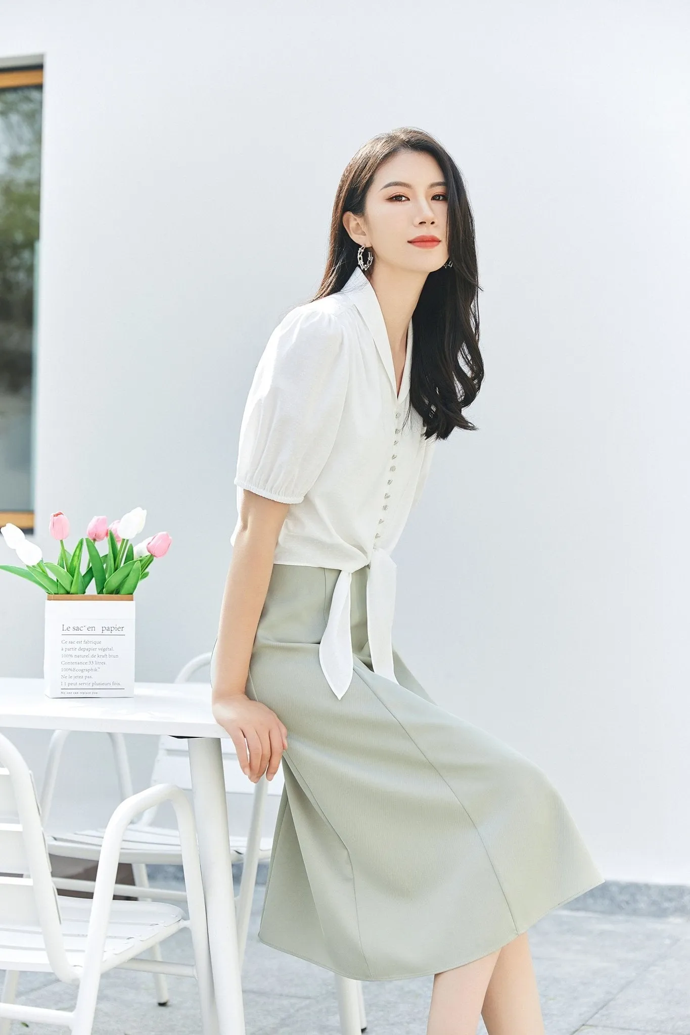 Grey Green High Waist Smooth Midi Skirt Women Girls