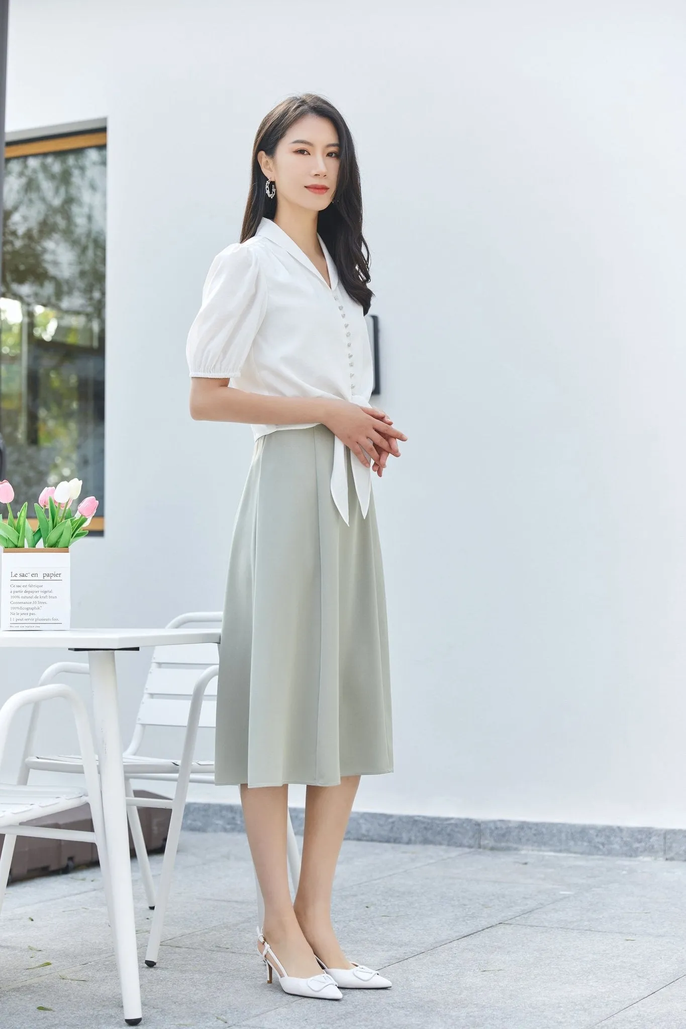 Grey Green High Waist Smooth Midi Skirt Women Girls