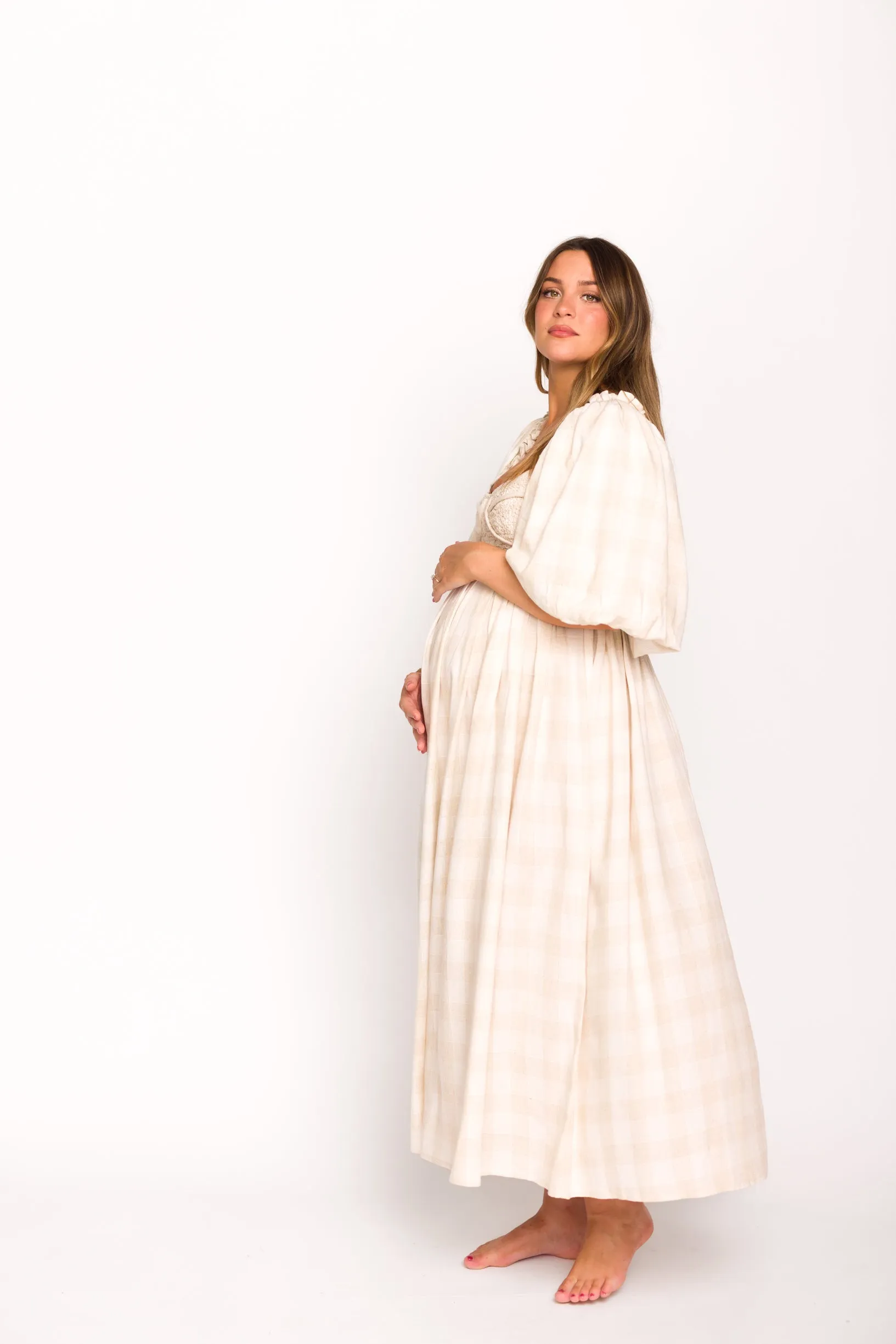 Harlow Maxi Dress in Natural Plaid with Stretchy Neckline - Bump Friendly (S-XL)