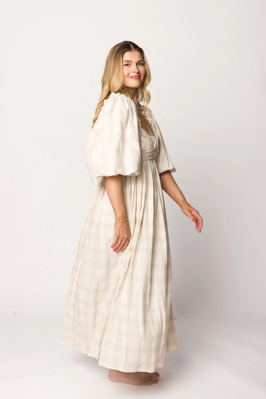 Harlow Maxi Dress in Natural Plaid with Stretchy Neckline - Bump Friendly (S-XL)