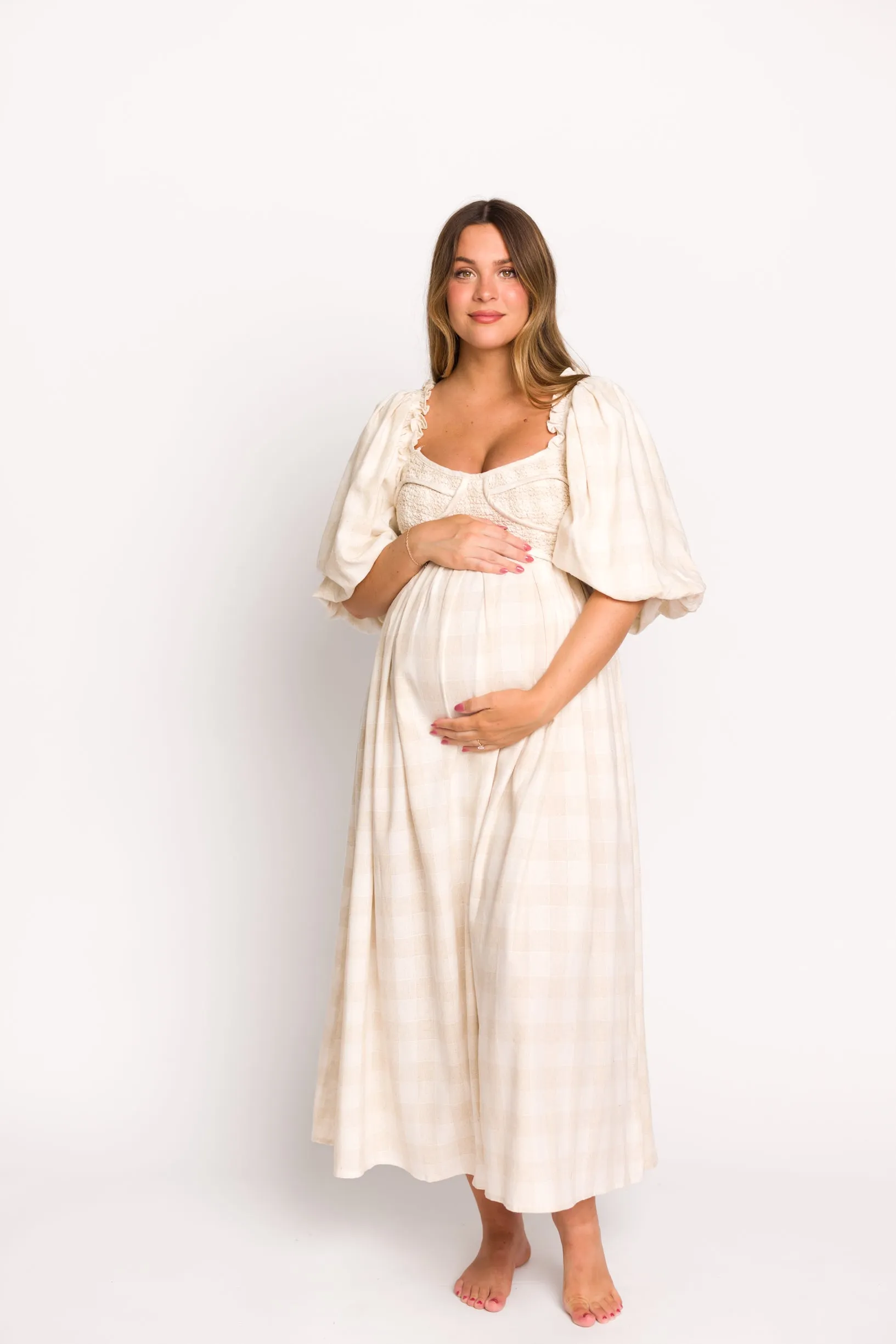 Harlow Maxi Dress in Natural Plaid with Stretchy Neckline - Bump Friendly (S-XL)