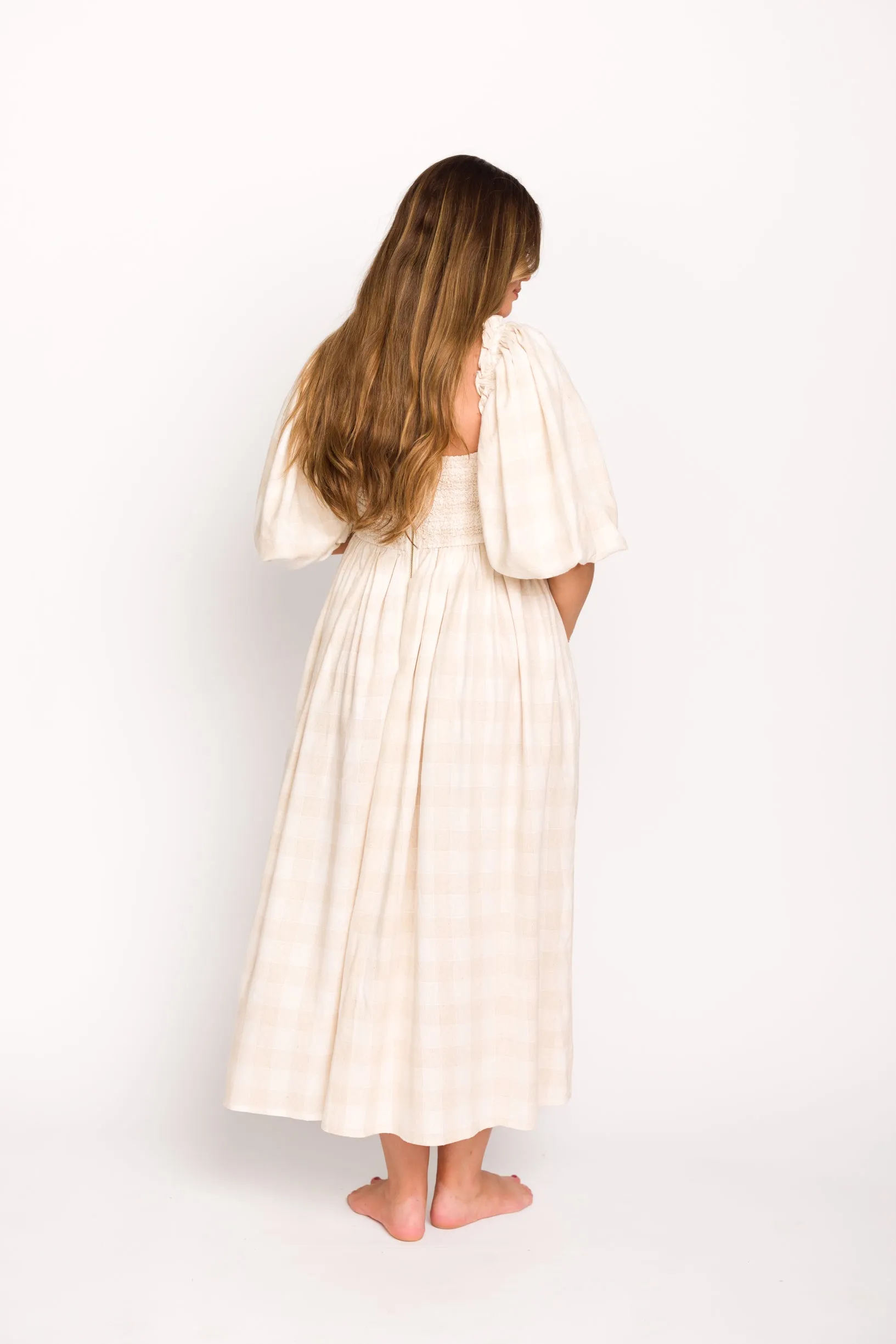 Harlow Maxi Dress in Natural Plaid with Stretchy Neckline - Bump Friendly (S-XL)