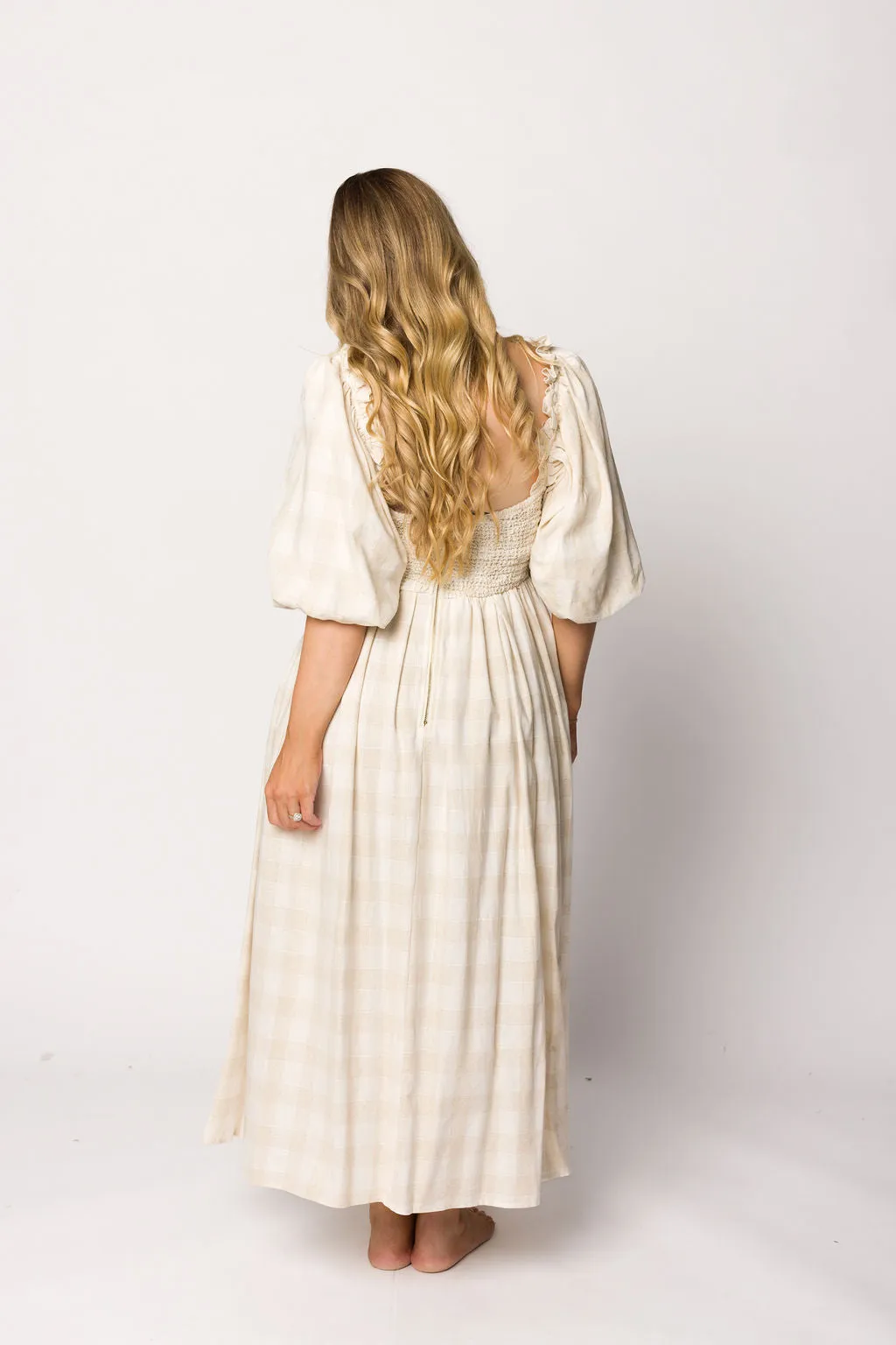 Harlow Maxi Dress in Natural Plaid with Stretchy Neckline - Bump Friendly (S-XL)